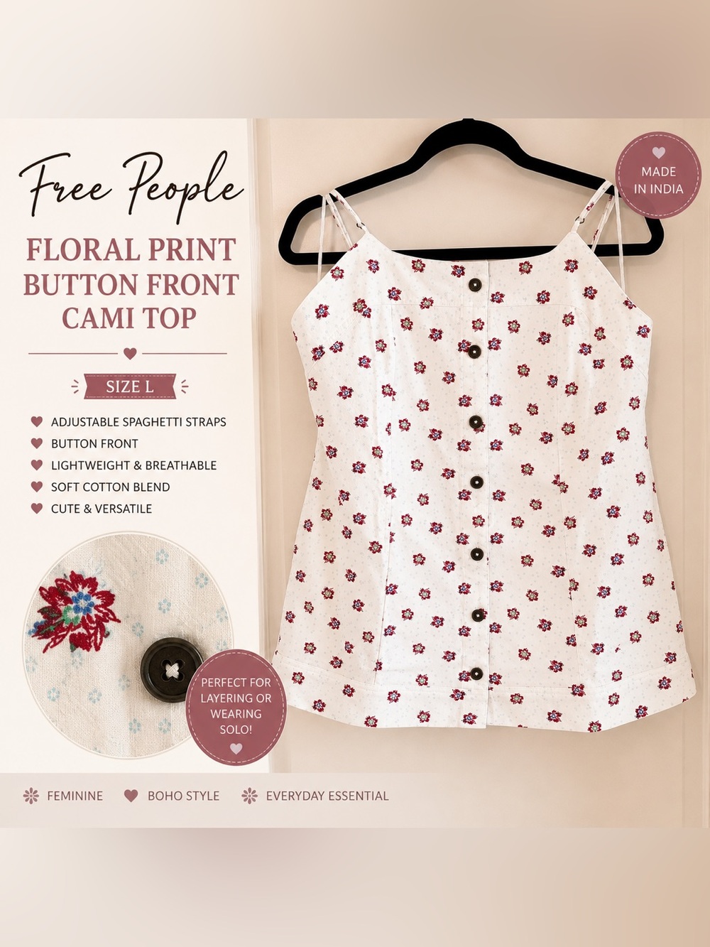 Free People White Cami Top with Red Floral Print